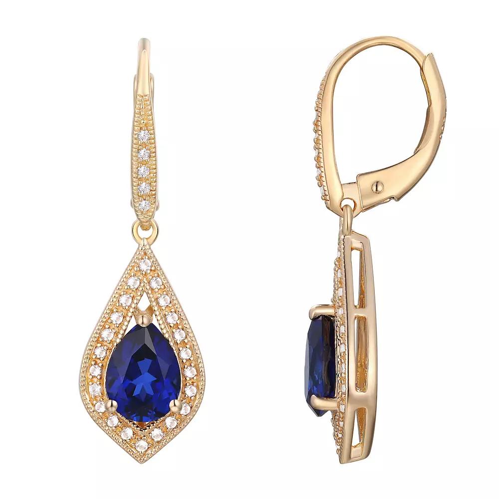14k Gold Over Sterling Silver Gemstone With Lab-Created White Sapphire Accents Leverback Drop Earrings, Women's, Created Blue Blue Product Image