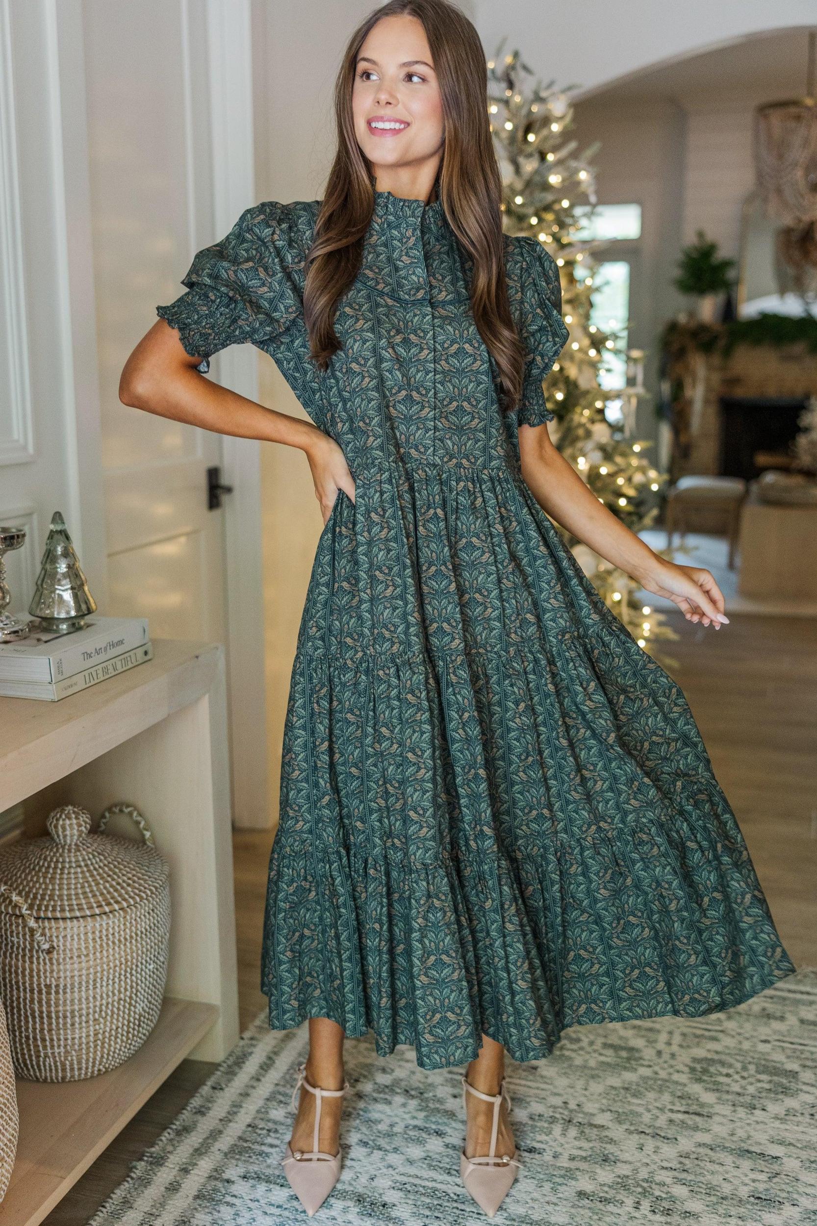 Ready For It All Olive Green Leaf Printed Midi Dress Female Product Image