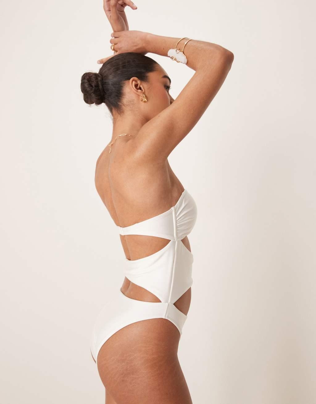 Abercrombie & Fitch cut out side detail swimsuit in white Product Image