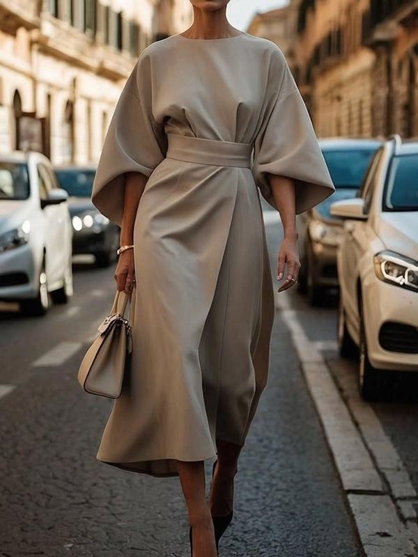 Loose Puff Sleeves Pleated Solid Color Split-Joint Round-Neck Midi Dresses Product Image