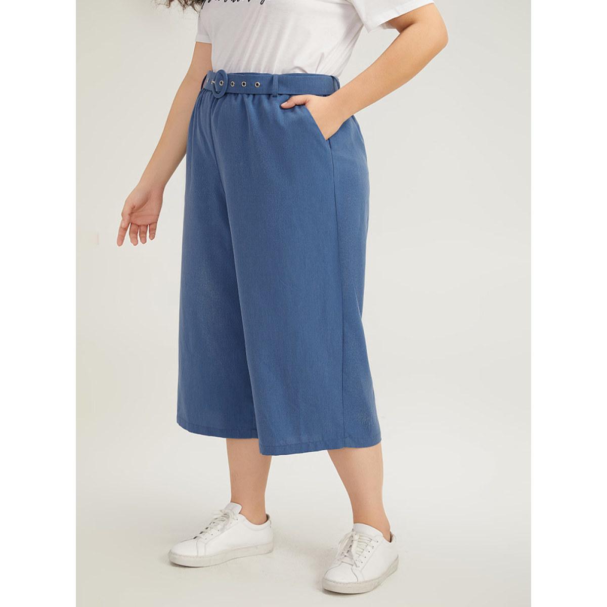 Plus Size Plain Belted Buckle Detail Cropped Pants Women DarkBlue Casual Straight Leg High Rise Dailywear Pants BloomChic 12/L Product Image