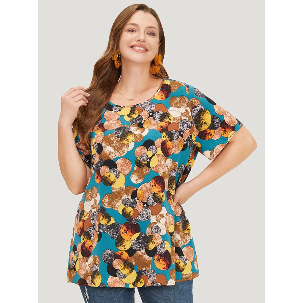 Plus Size Cyan Allover Print Round Neck Contrast Blouse Women Elegant Short sleeve Round Neck Dailywear Blouses BloomChic 22-24/3X Product Image
