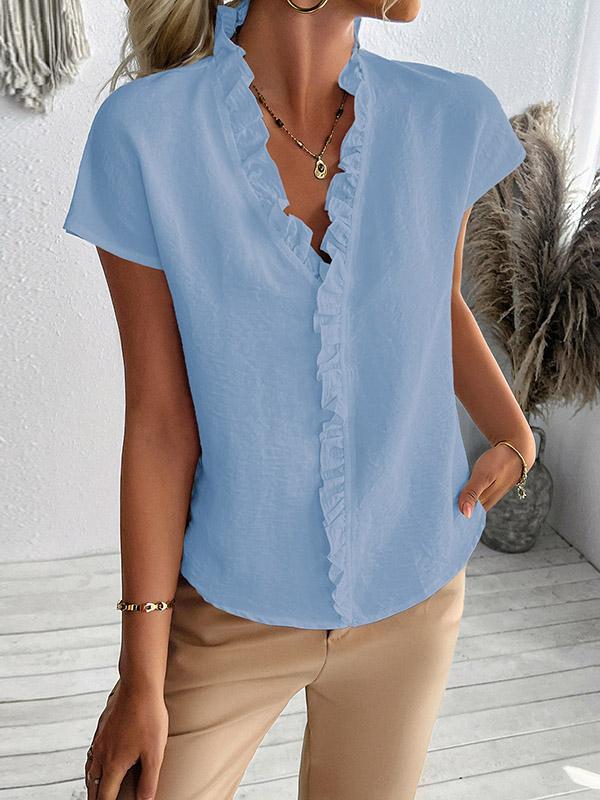 Loose Short Sleeves Ruffle Trim Solid Color V-Neck Blouses&Shirts Tops Product Image