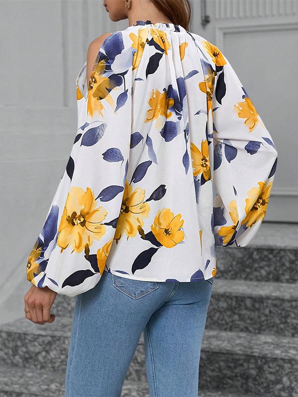 Long Sleeves Loose Elasticity Flower Print Pleated Cold Shoulder Blouses&Shirts Tops Product Image