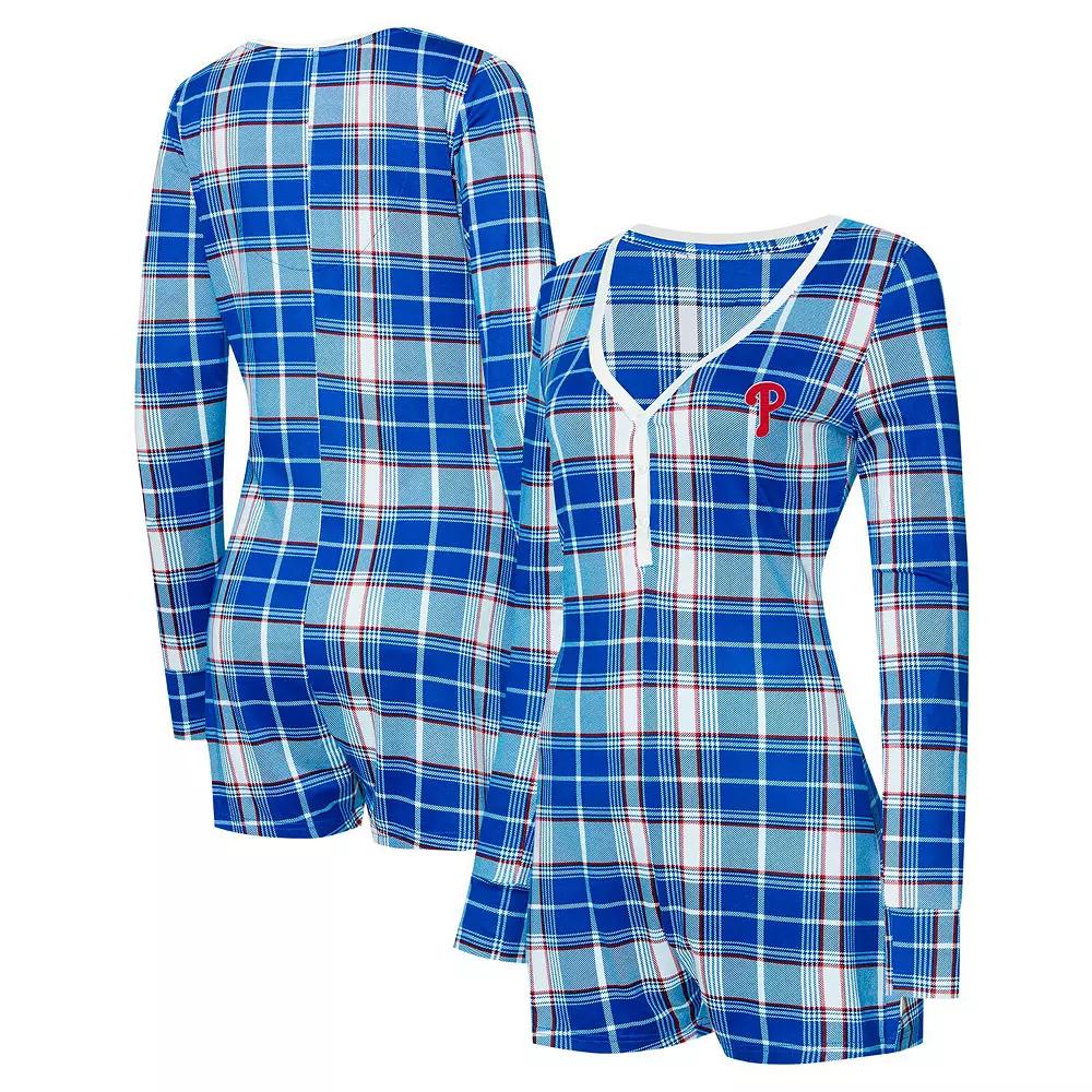 Women's Concepts Sport Royal Philadelphia Phillies Ashford Plaid V-Neck Knit Romper, Size: 2XL, Blue Product Image