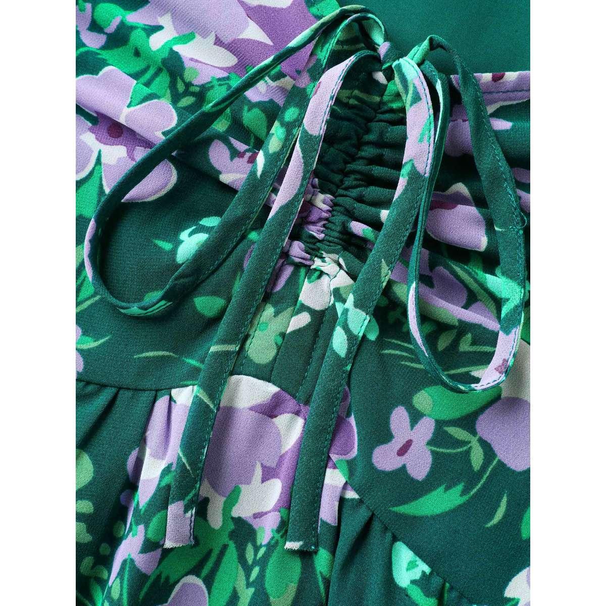 Plus Size Floral Chiffon Ruched Drawstring Midi Dress DarkGreen Women Romantic Heart neckline Short sleeve Curvy BloomChic 14-16/1X Product Image