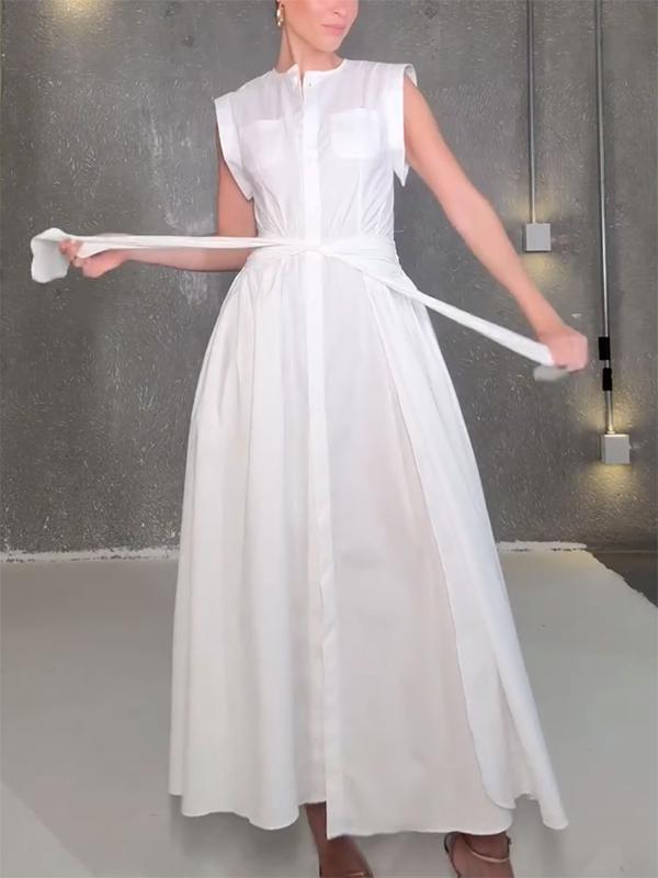 Cap Sleeve Loose Buttoned Solid Color Split-Side Tied Waist Maxi Dresses Shirt Dress Product Image