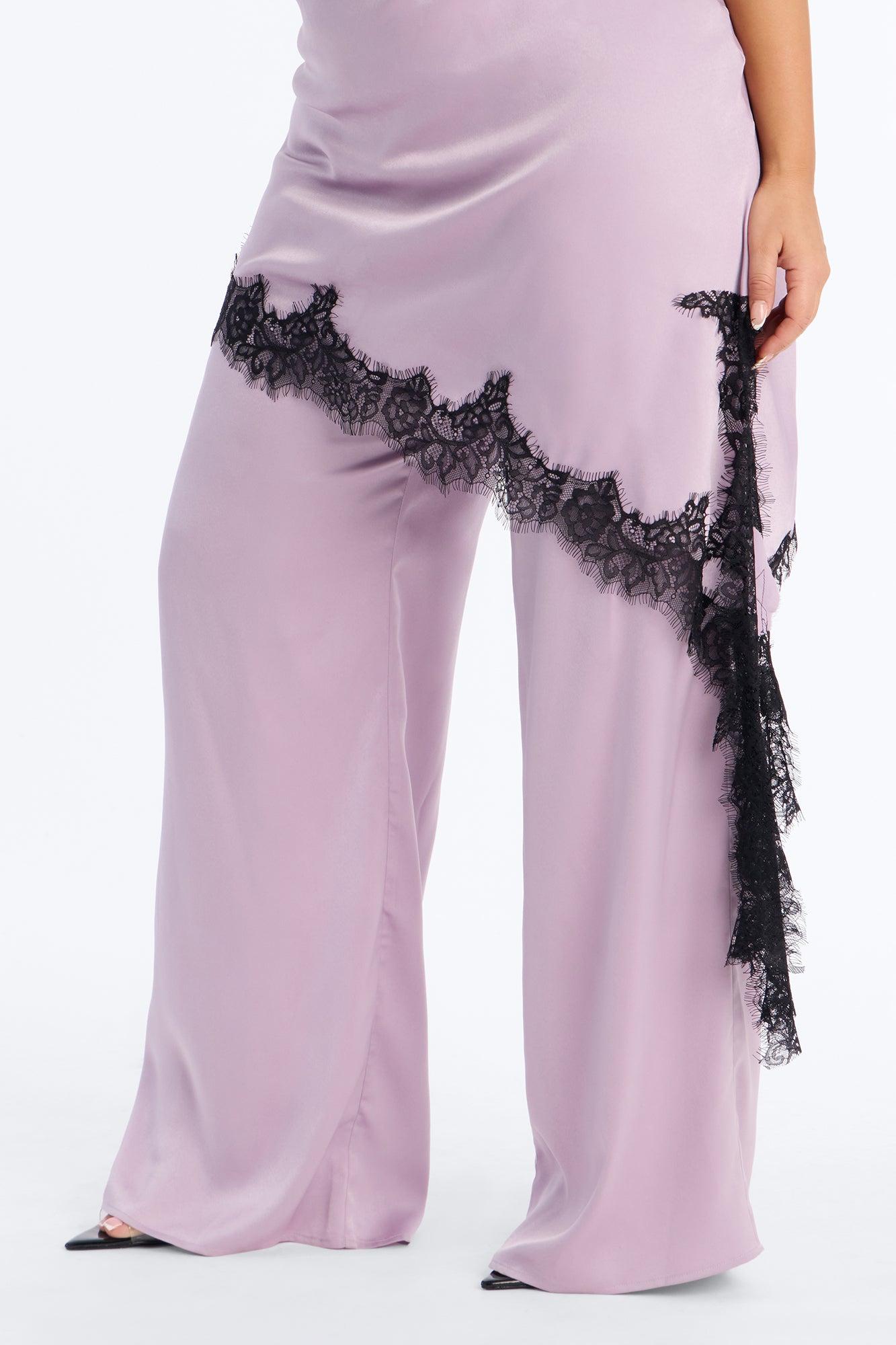 Ariana Asymetrical Lace Trim Satin Jumpsuit - Lavender Female Product Image