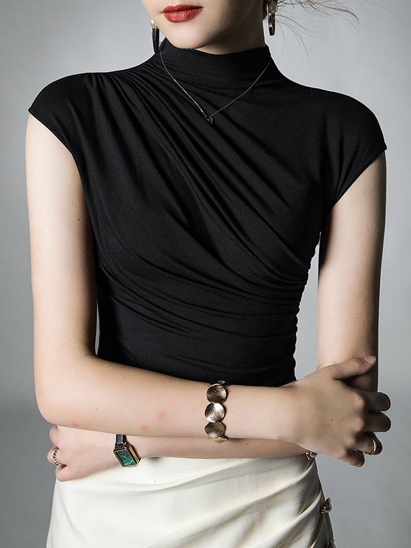 Skinny Pleated Solid Color Mock Neck T-Shirts Tops Product Image