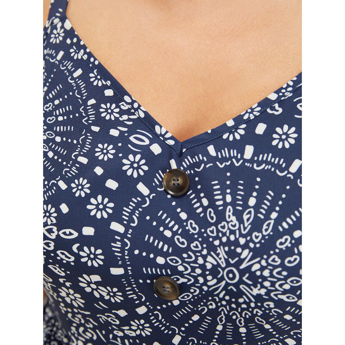 Plus Size Moroccan Print Pocket Button Detail Cami Dress Indigo Women Vacation Adjustable Straps V-neck Sleeveless Curvy Knee Dress BloomChic 12/L Product Image