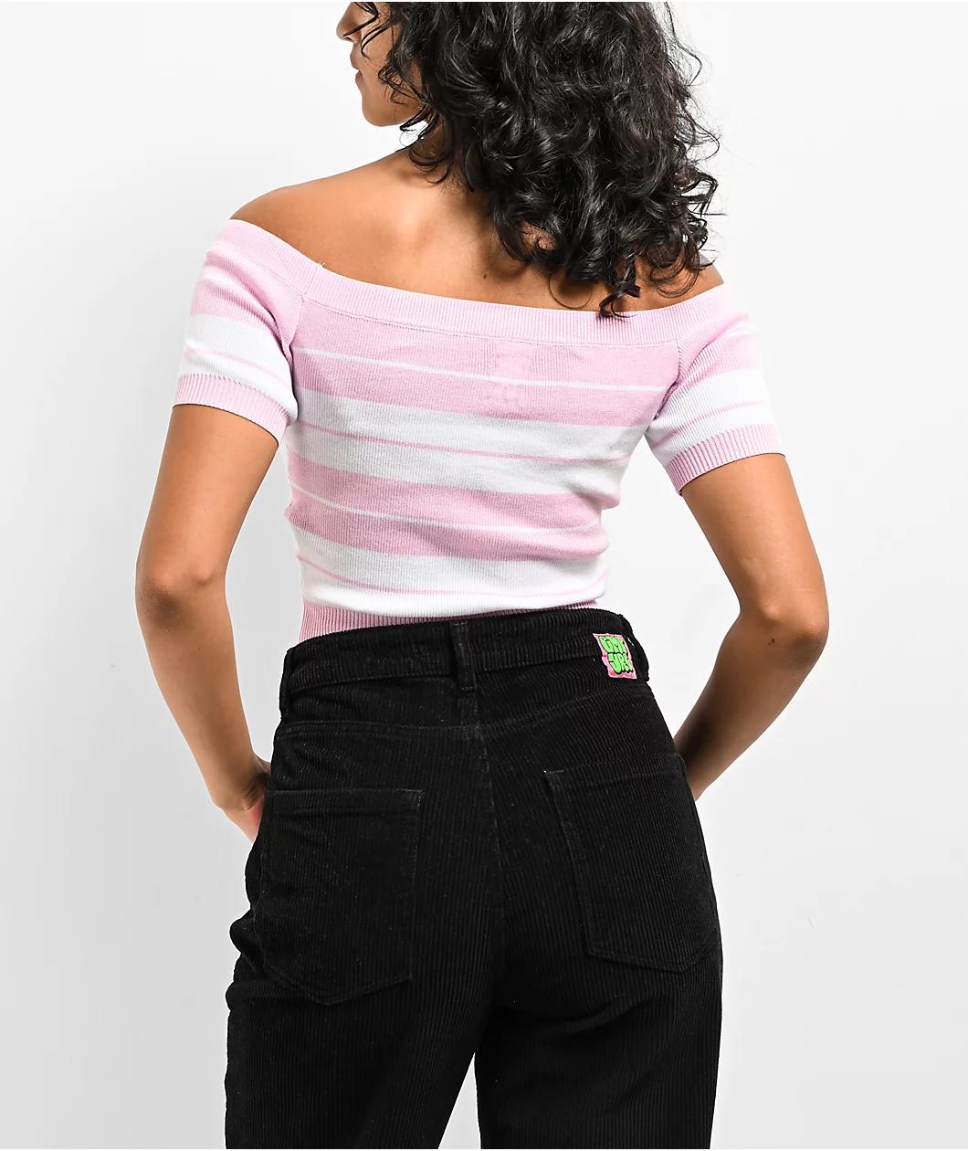 FB County Off Shoulder Pink Stripe Crop T-Shirt Product Image