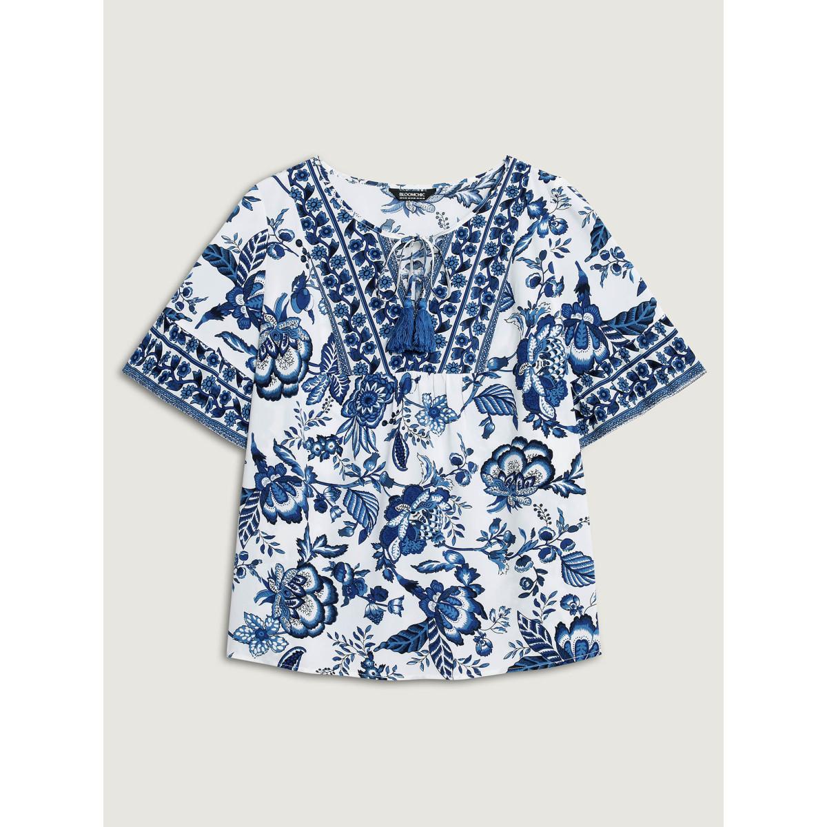 Plus Size Mediumblue Floral Print Neck Tassels Blouse Women Boho Half Sleeve V-neck Vacation Blouses BloomChic 28/5X Product Image