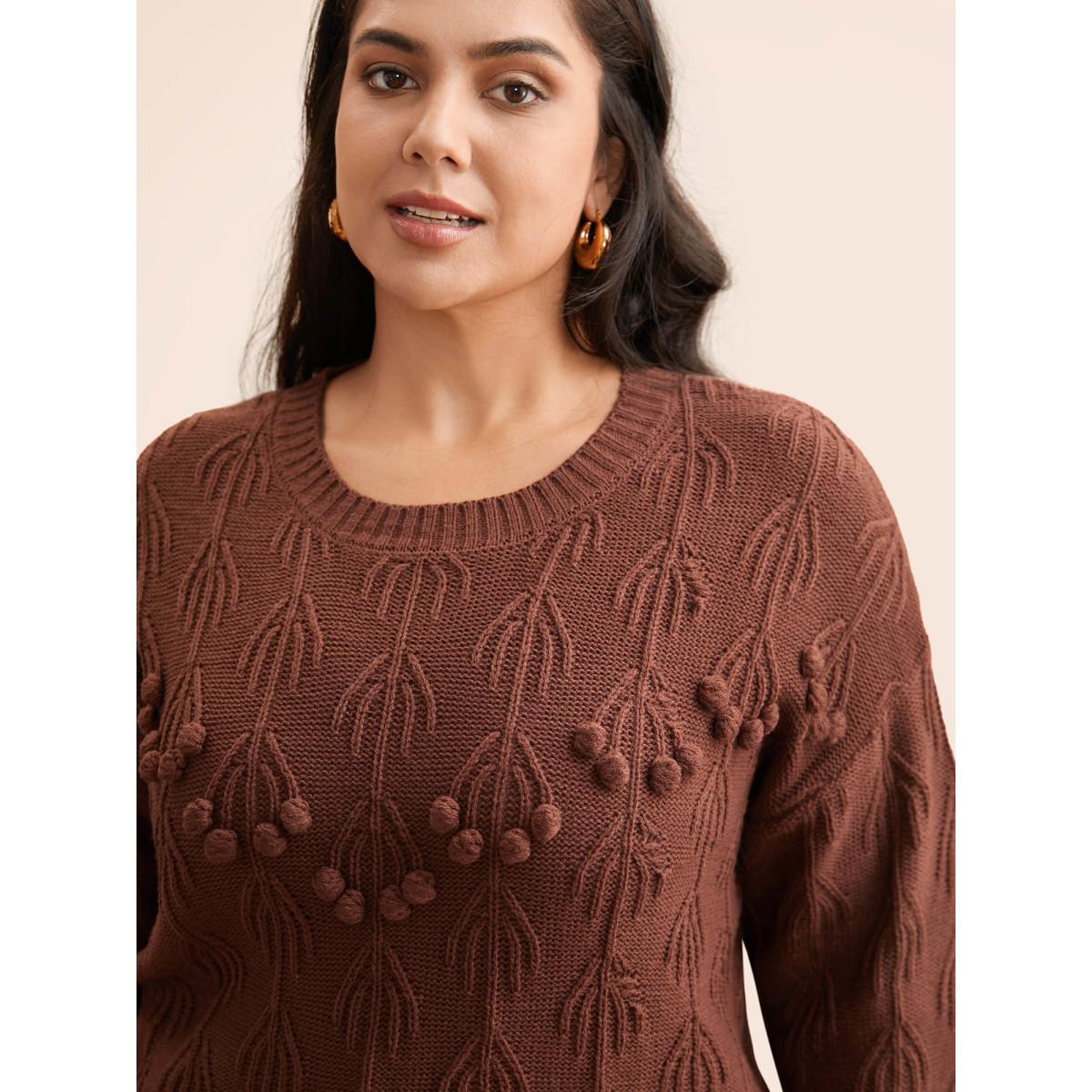 Plus Size Crochet Floral Drop Shoulder Sleeve Pullover DarkBrown Women Casual Long Sleeve Round Neck Everyday Pullovers BloomChic 10/M Product Image