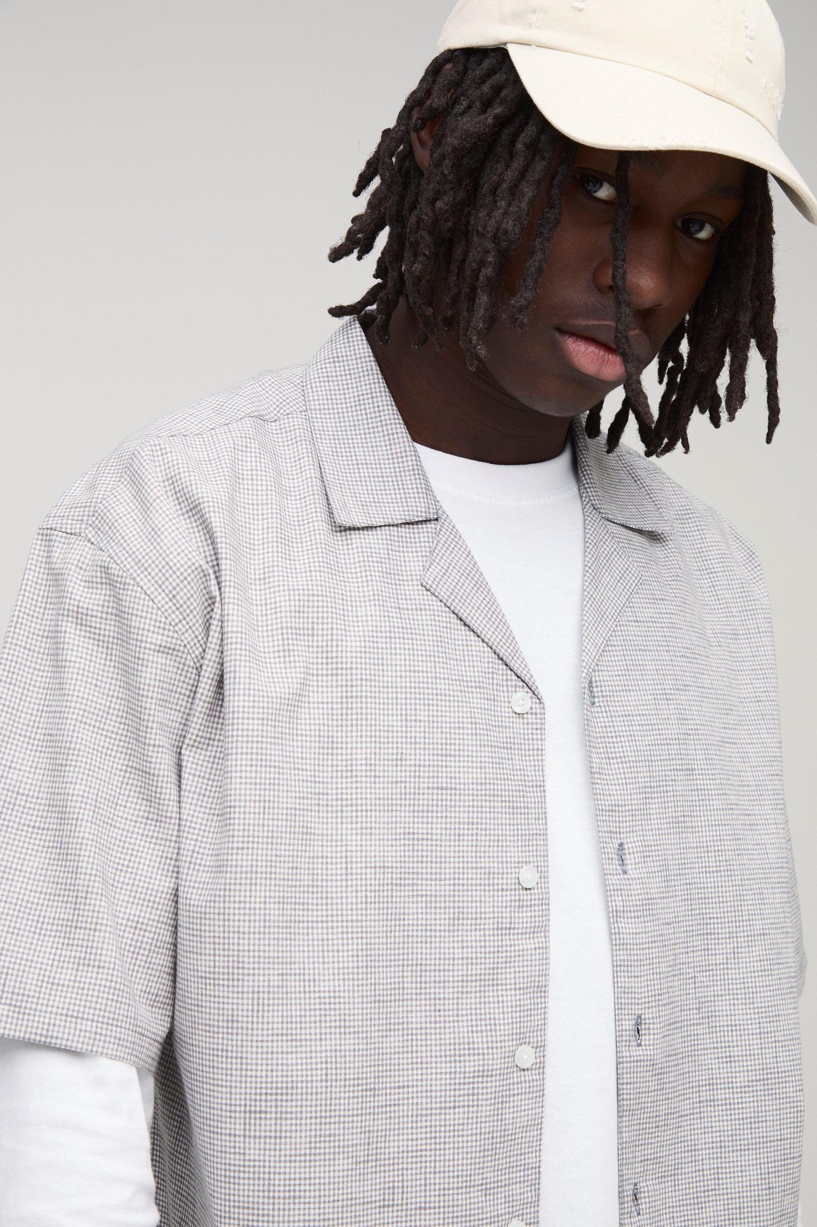 Oversized Micro Plaid Double Pocket Revere Shirt | boohooMAN USA Product Image