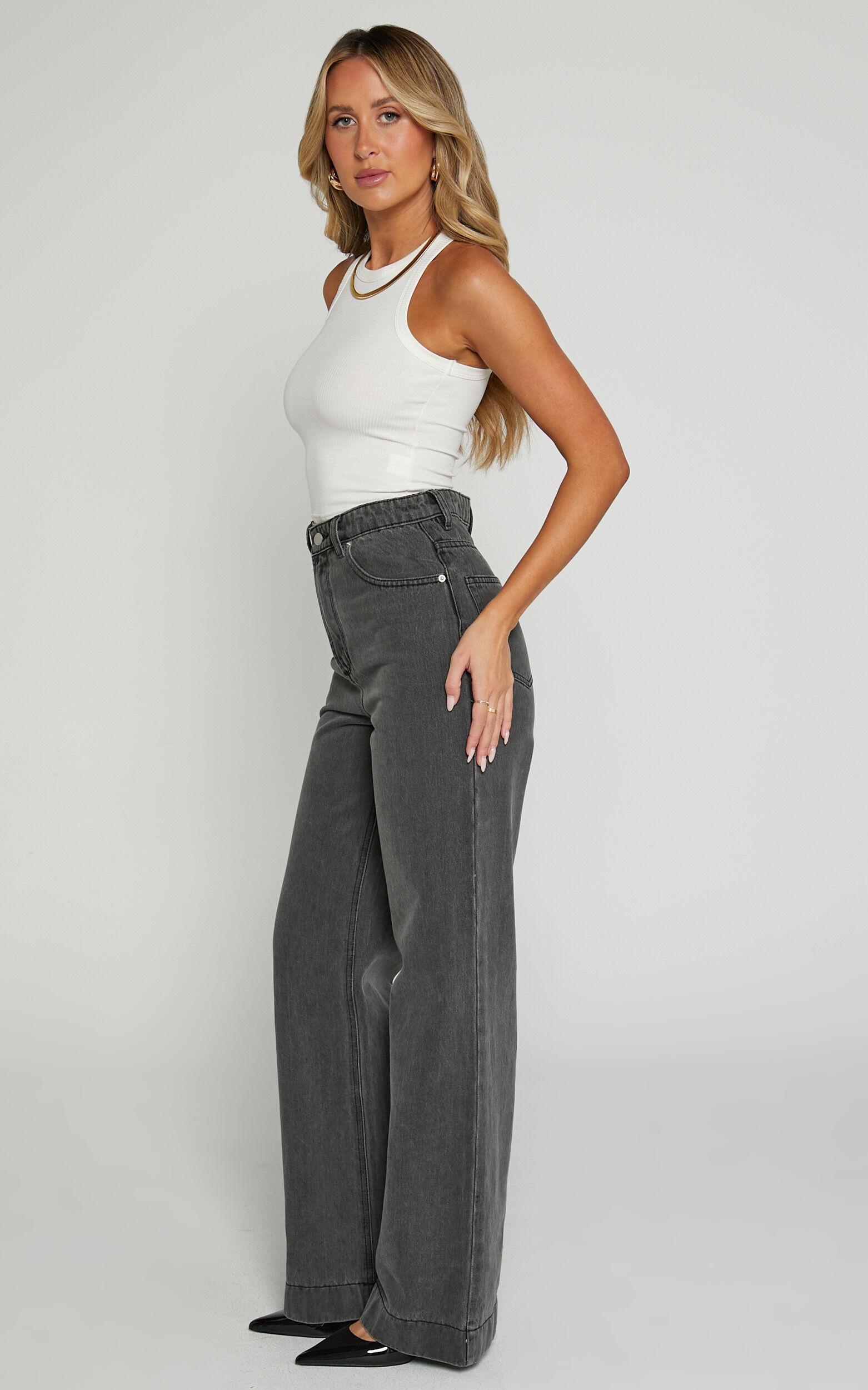 Emman Jeans - High Waisted Cotton Wide Leg Denim Jeans in Washed Black Product Image