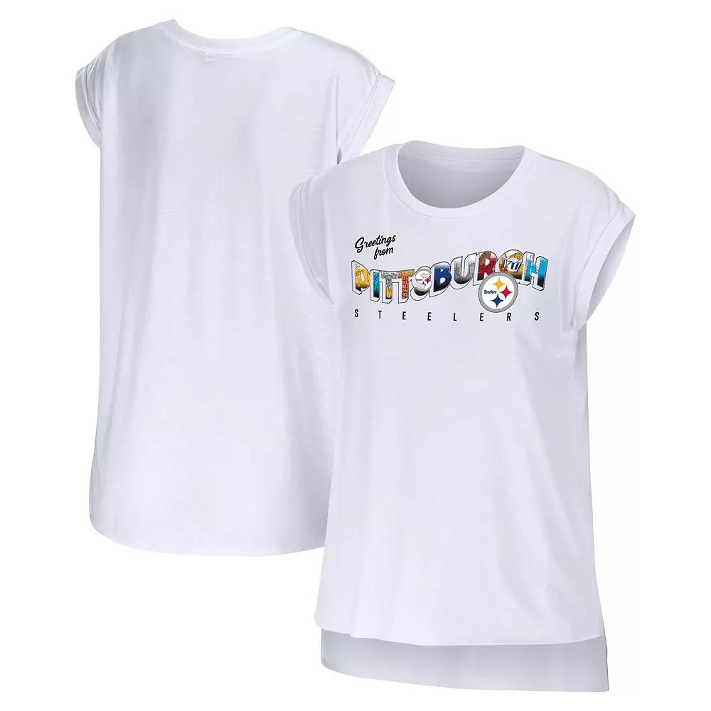 Women's WEAR by Erin Andrews White Pittsburgh Steelers Greetings From Muscle T-Shirt,  Product Image