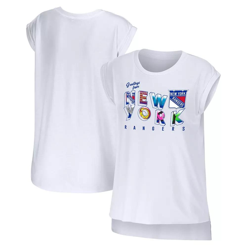 Women's WEAR by Erin Andrews White New York Rangers Greetings From Muscle T-Shirt,  Product Image