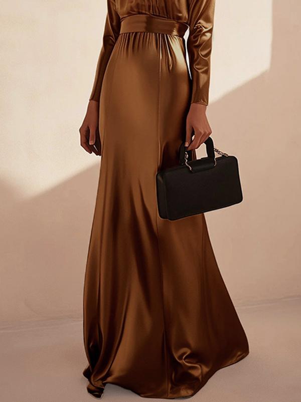 Long Sleeves Loose Pleated Shiny Solid Color Split-Joint Tied Waist High Neck Evening Dresses Maxi Dresses Product Image