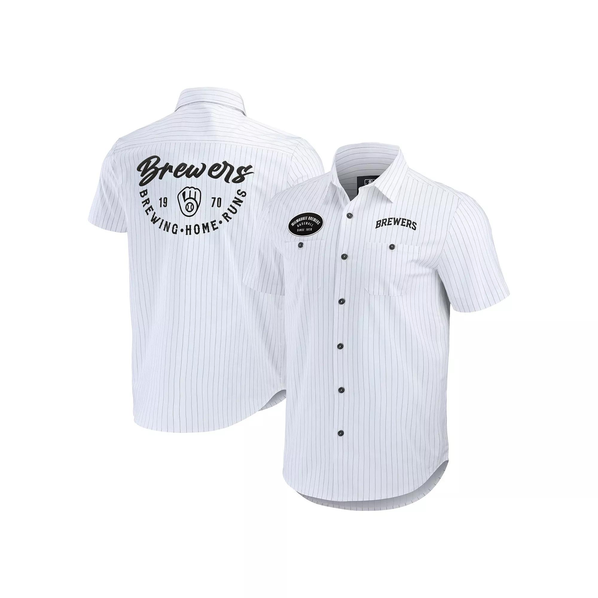 Men's Darius Rucker Collection by Fanatics White Milwaukee Brewers Pin Stripe Short Sleeve Button-Up Shirt,  Product Image