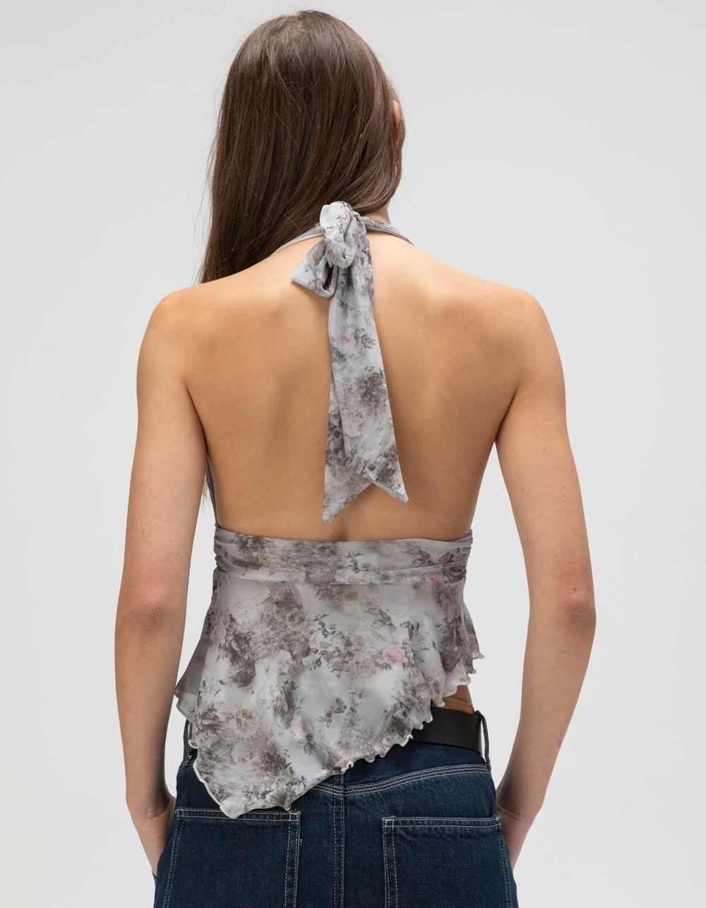 FULL TILT Mesh Hanky Womens Halter Top - GRAY COMBO Product Image