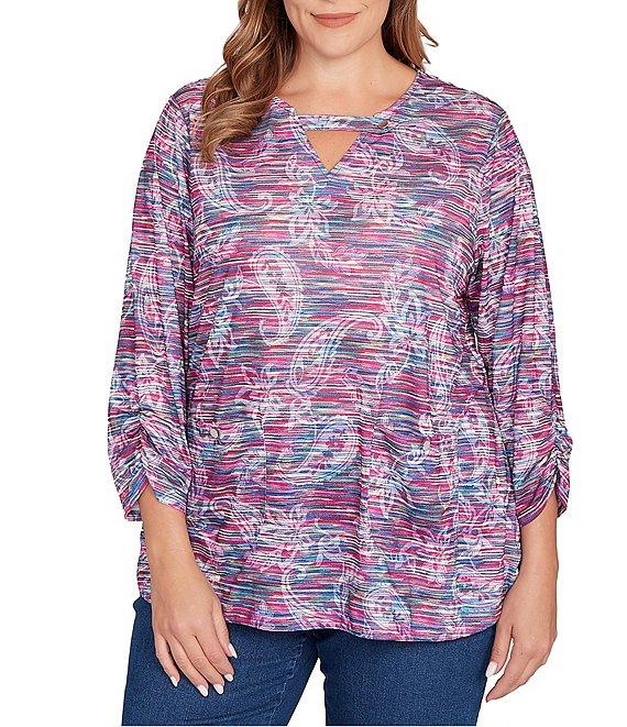 Ruby Rd. Plus Size Slub Jersey Knit Paisley Keyhole Neck 3/4 Ruched Sleeve Top Product Image