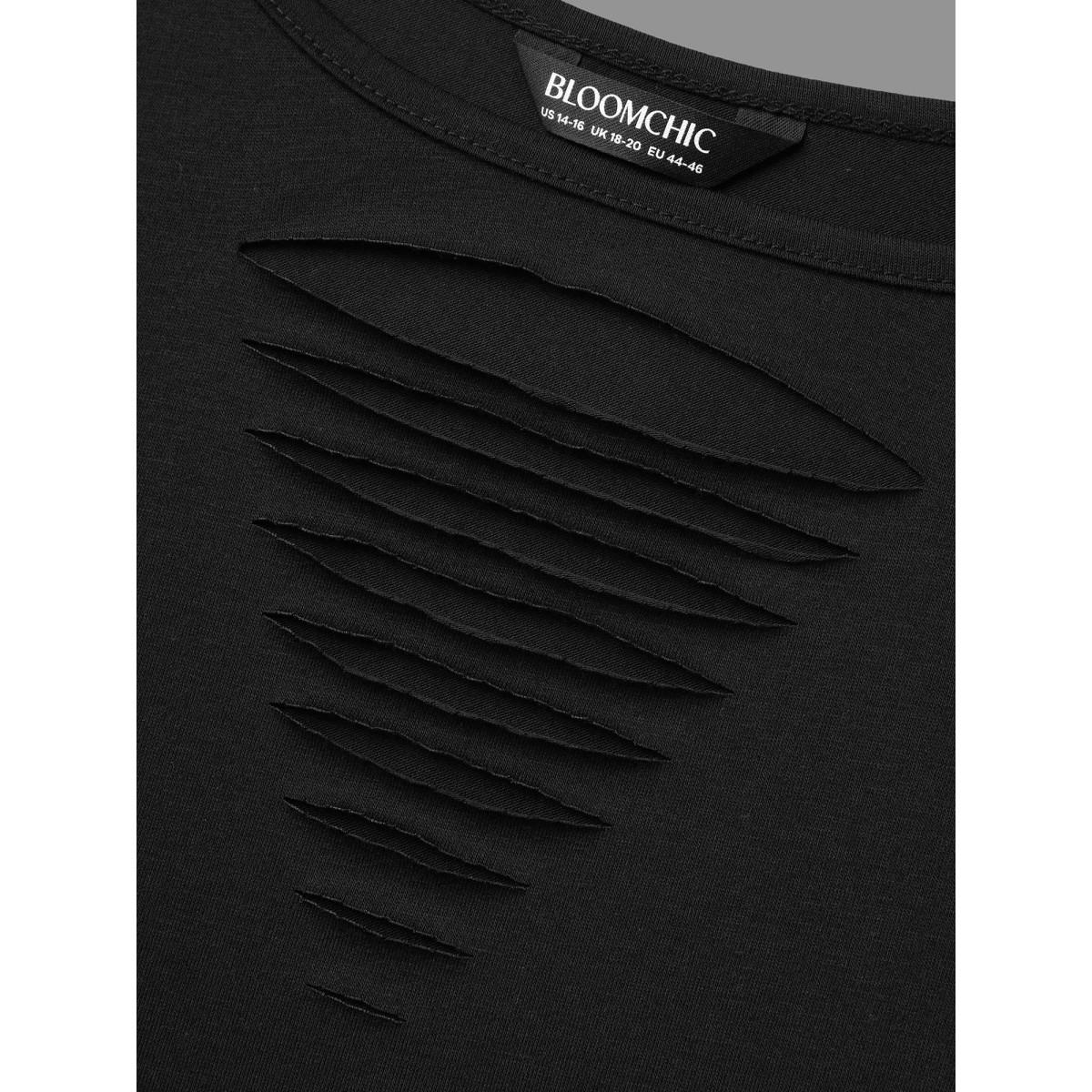 Plus Size Stretchy Ripped Neck Fitted T-Shirt Black Women Leisure Cut-Out Round Neck Casual T-shirts BloomChic 22-24/3X Product Image