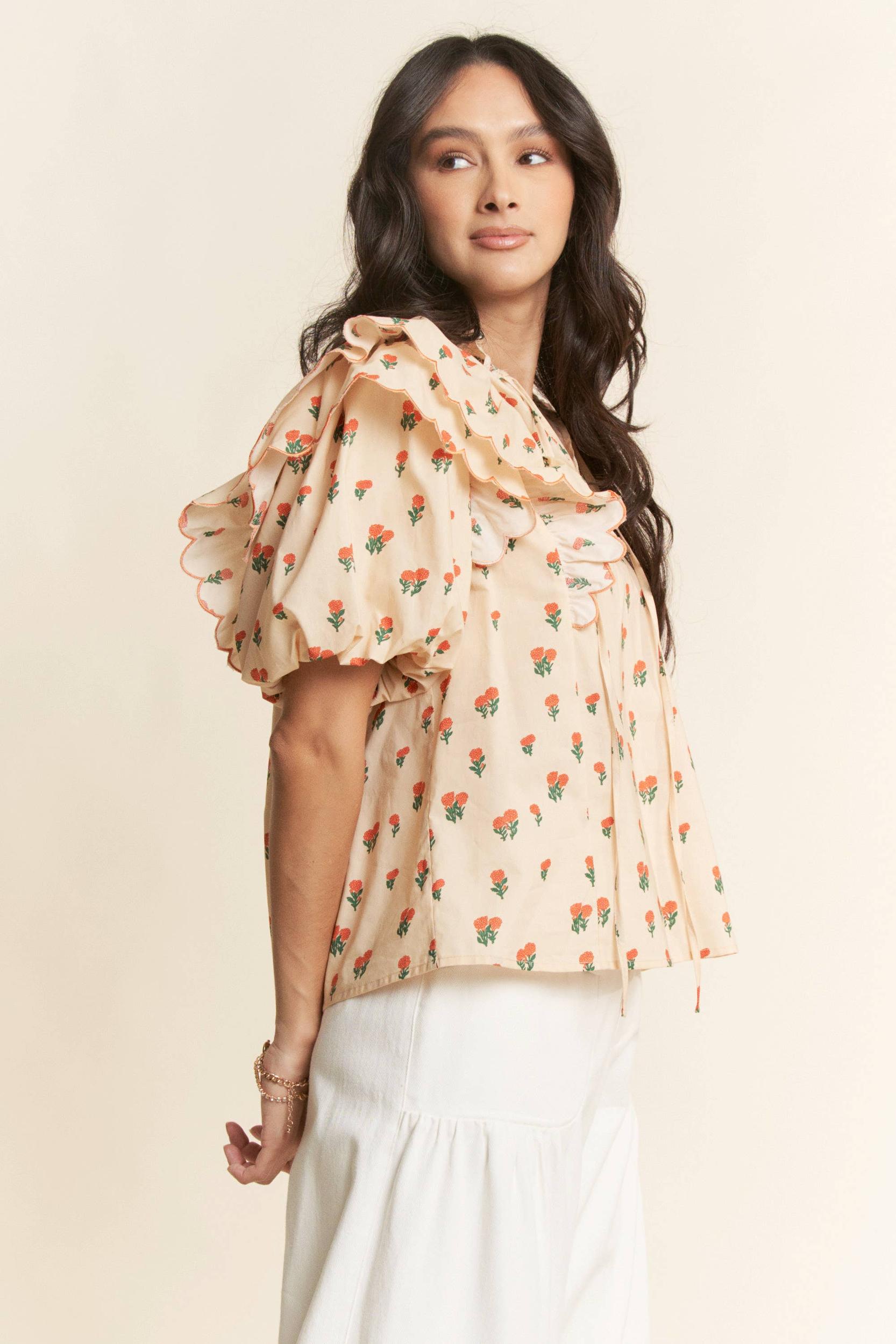 CONTRAST EDGE RUFFLE PUFF SLEEVE BLOUSE TOP: MOCHA BROWN Product Image