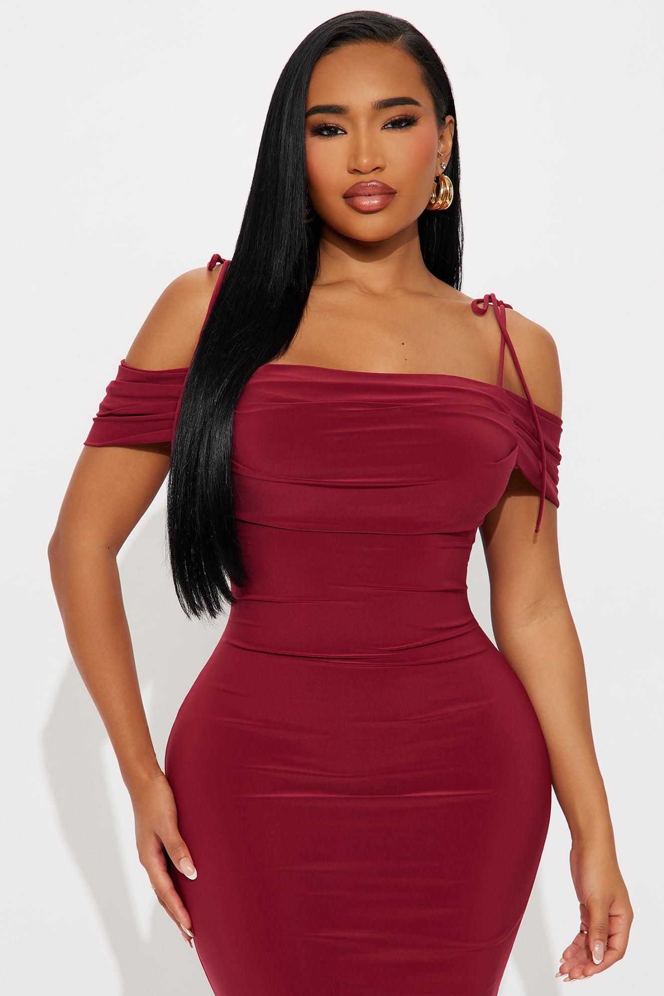 Jaden Off Shoulder Cowl Back Maxi Dress - Burgundy Female Product Image
