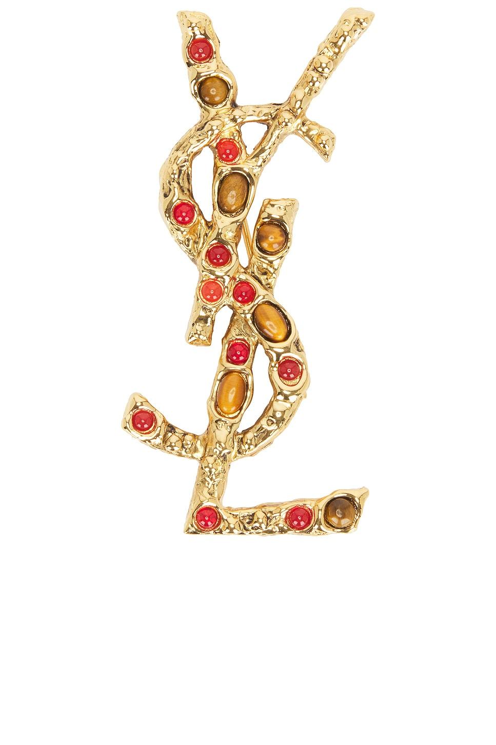 SAINT LAURENT Embellished Cassandre Brooch In Gold Product Image