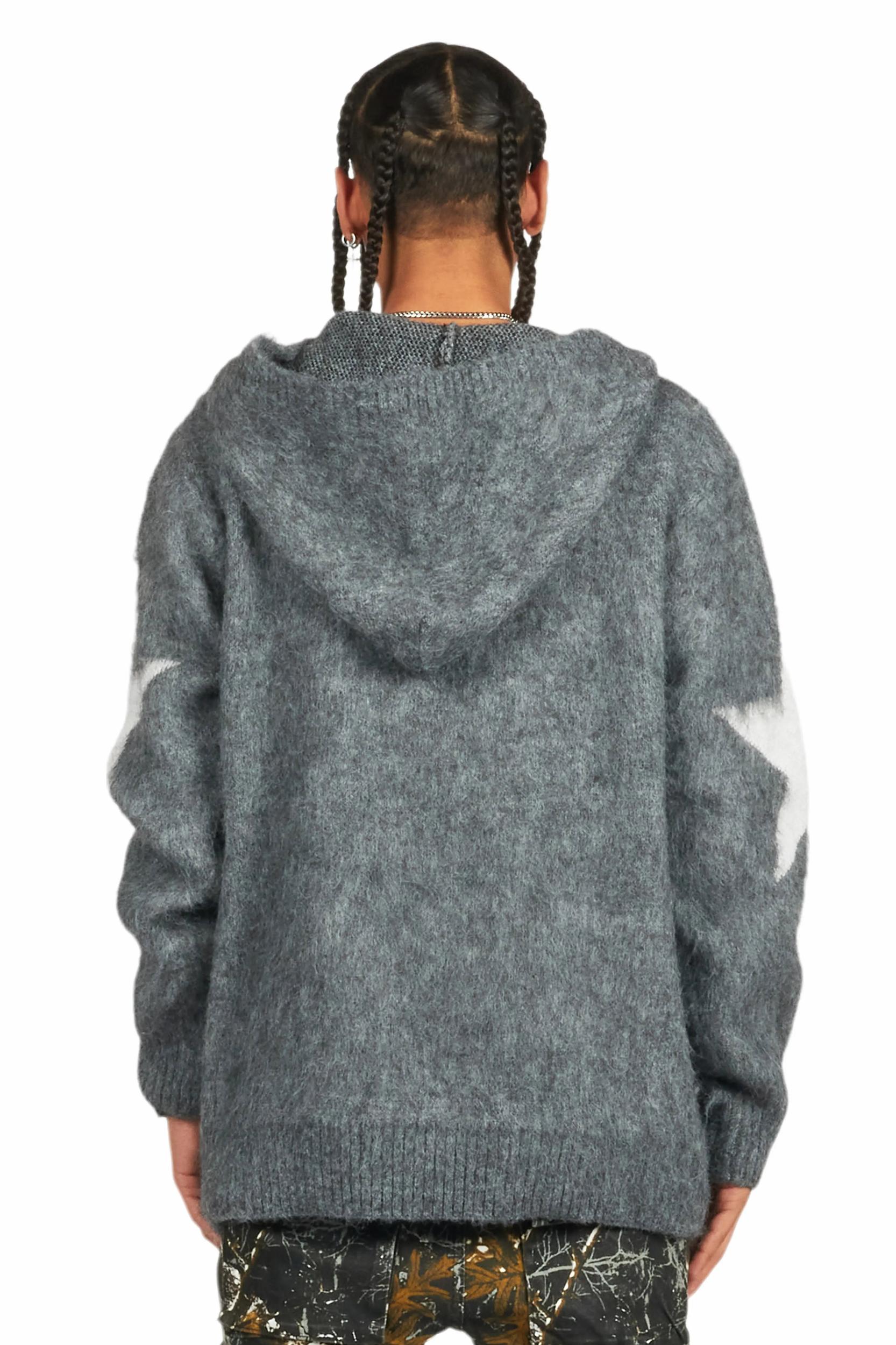 States Grey Graphic Knitted Mohair Hoodie Male Product Image