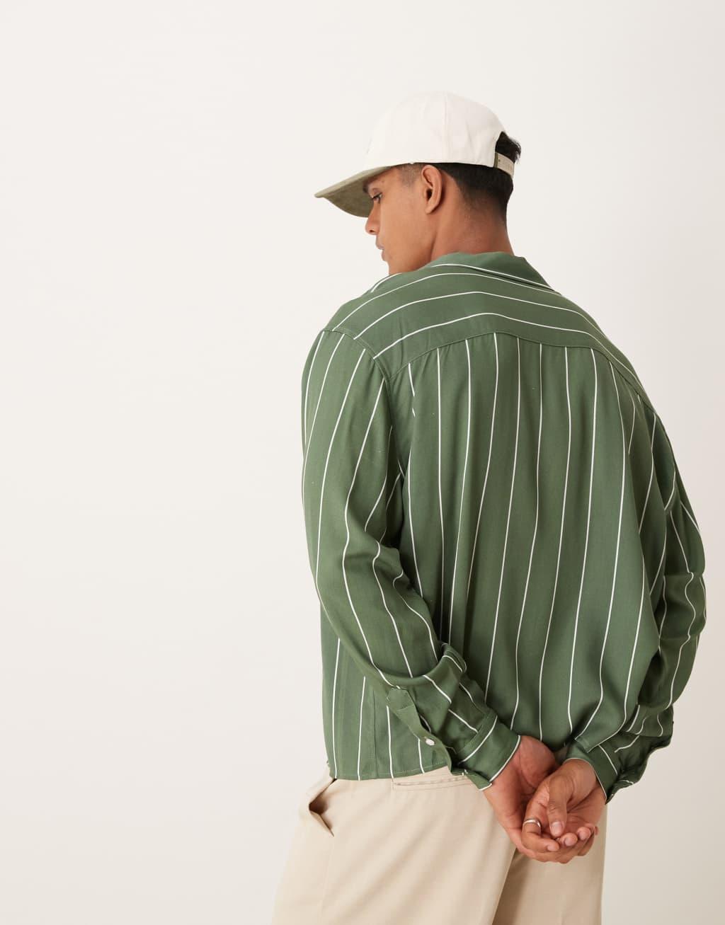 ASOS DESIGN oversized boxy revere shirt in green stripe Product Image