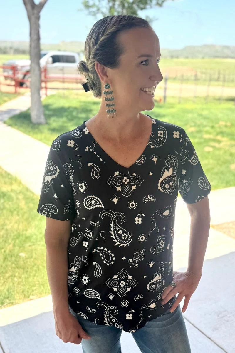 Sterling Kreek Black Bandana Babe V Neck Top Product Image