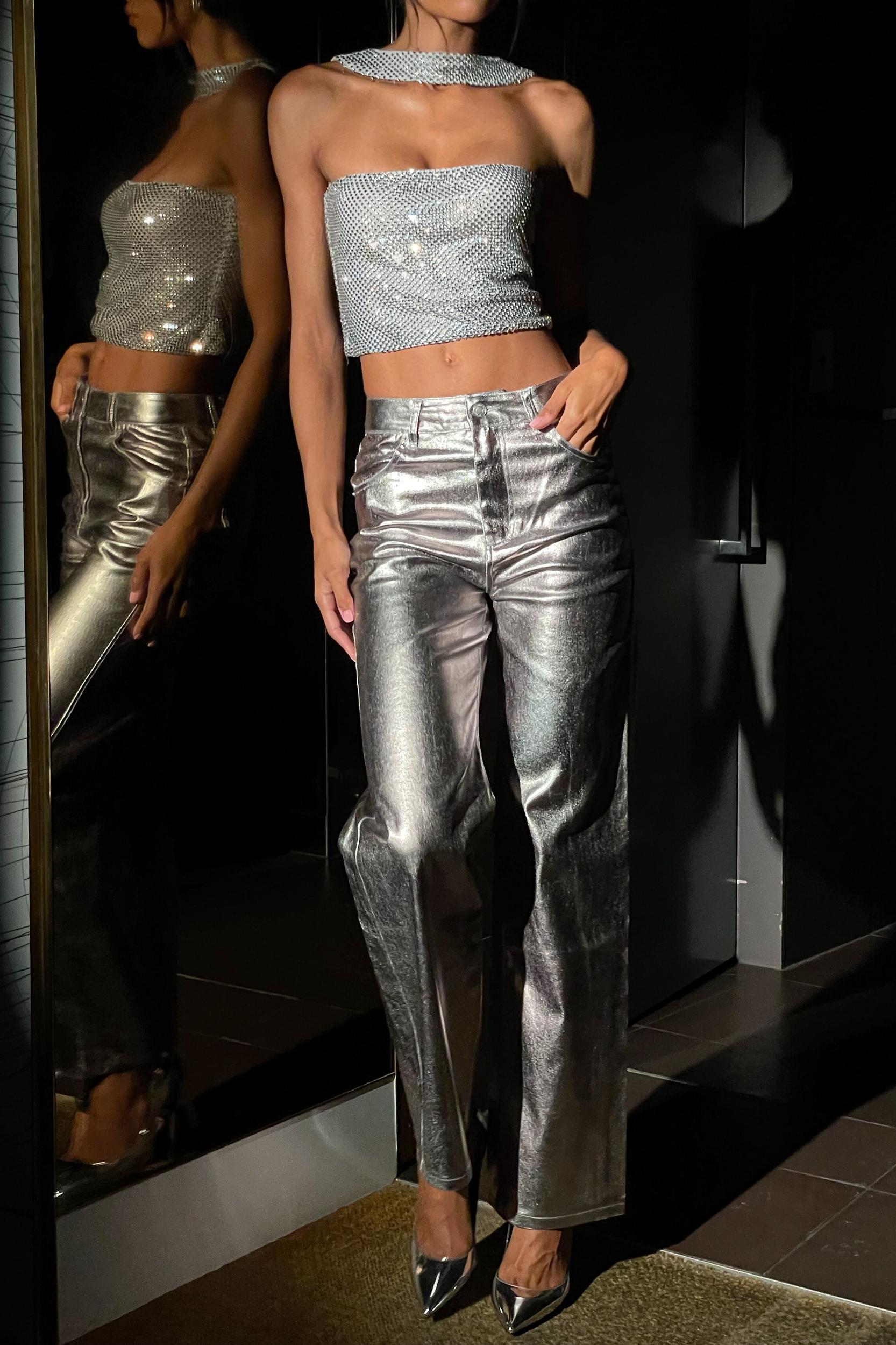 Agnes Diamante Mesh Halter Top - Silver Product Image