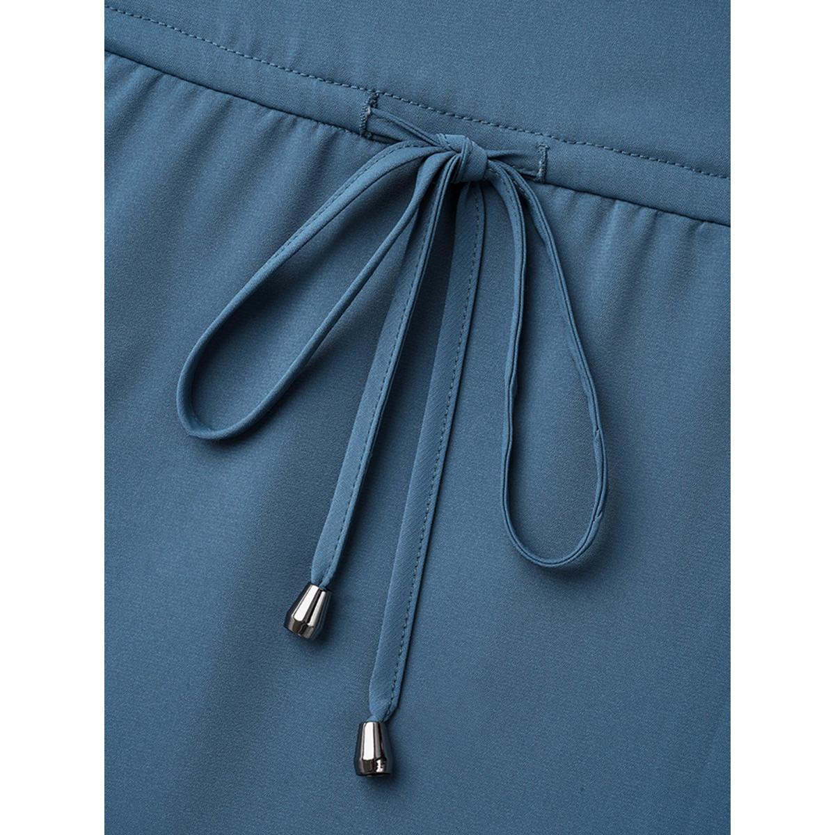 Plus Size Cerulean Ruffled Edge Sleeve Waist-Tie Shirt Women Casual Half Sleeve Round Neck Everyday Blouses BloomChic 28/5X Product Image