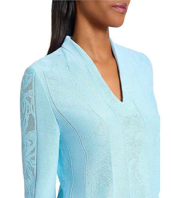 Ming Wang Floral Burnout Soft Knit Stand V-Neck Bracelet Sleeve Top Product Image