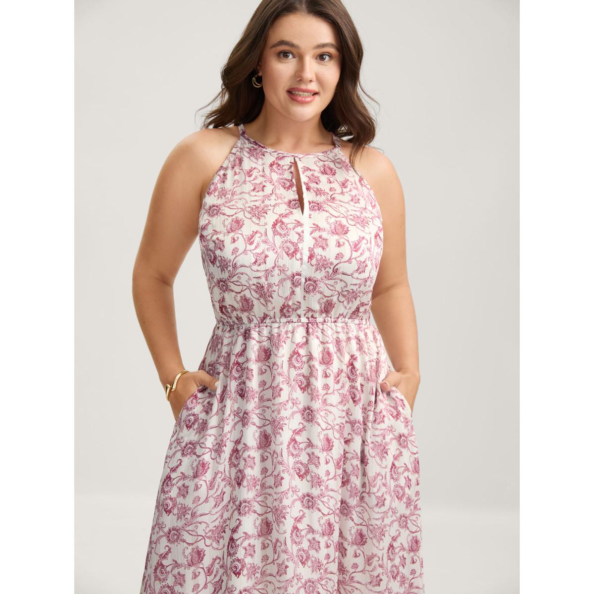 Plus Size Sweet Florals Halter Neck Midi Dress Multicolor Women Round Neck Sleeveless Curvy BloomChic 18-20/2X Product Image