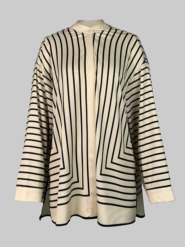 Long Sleeves Loose Buttoned Striped Stand Collar Blouses&Shirts Tops Product Image