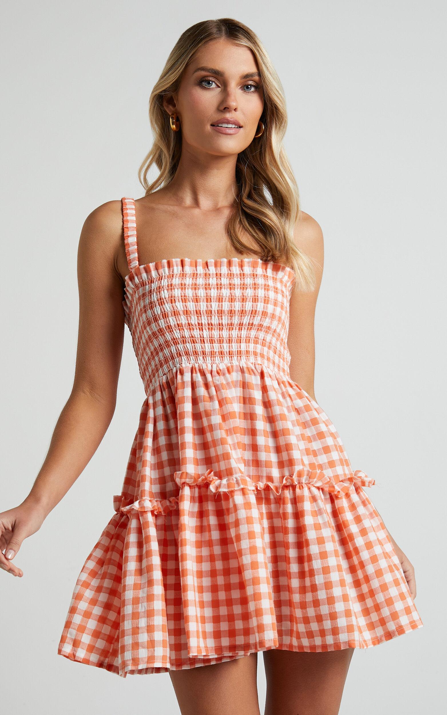 Wilda Mini Dress - Shirred Tiered Dress in Orange Product Image
