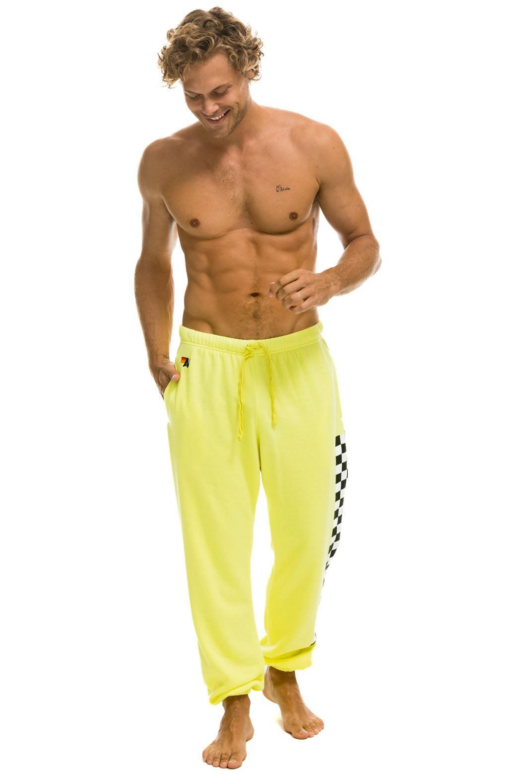 CHECK LEG SWEATPANTS - NEON YELLOW Male Product Image