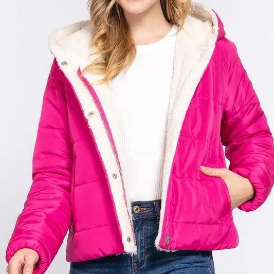 Women's Hot Pink Long Sleeve Inside Faux Fur Hoodie Puffer Jacket Product Image