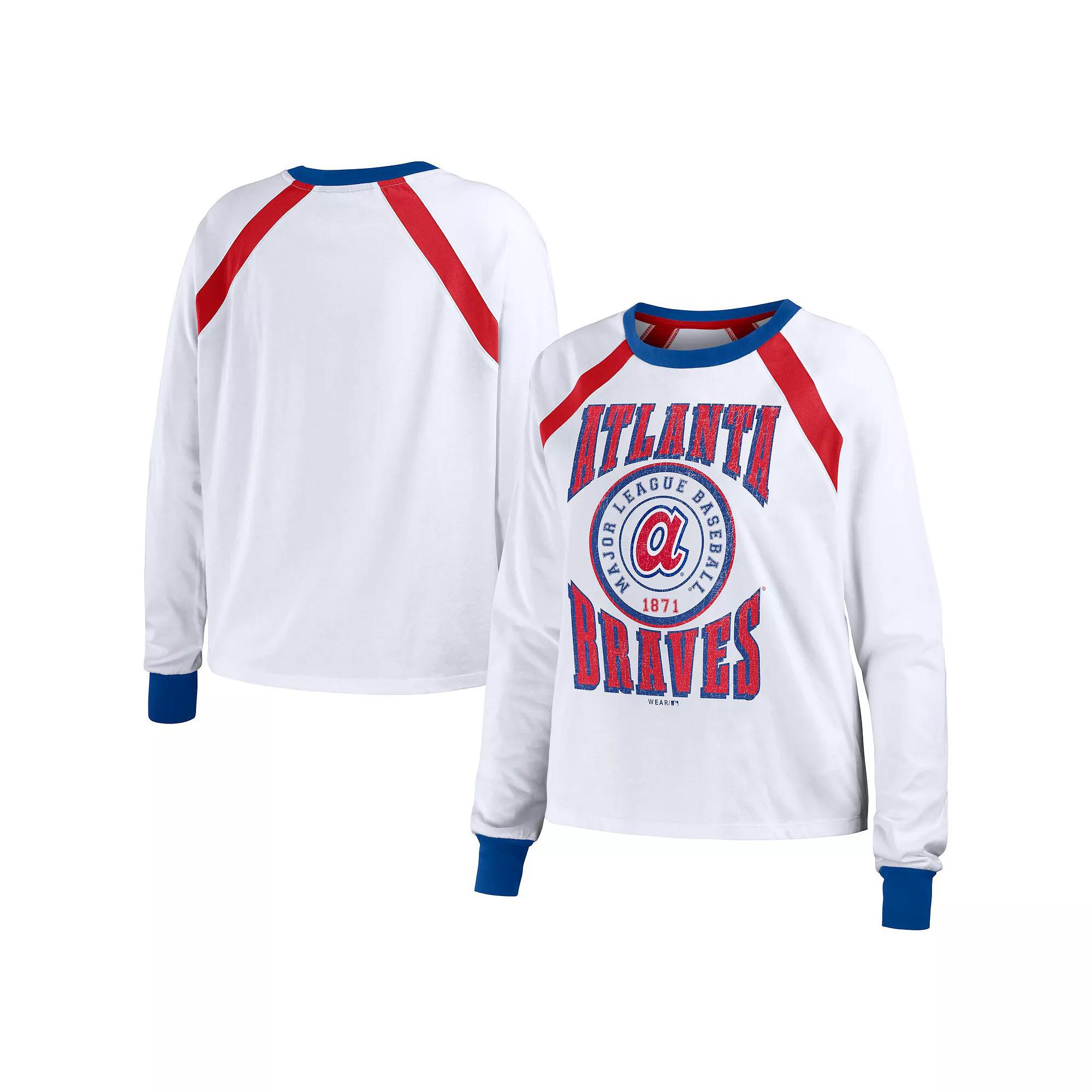 Women's WEAR by Erin Andrews White Atlanta Braves Raglan Long Sleeve T-Shirt,  Product Image