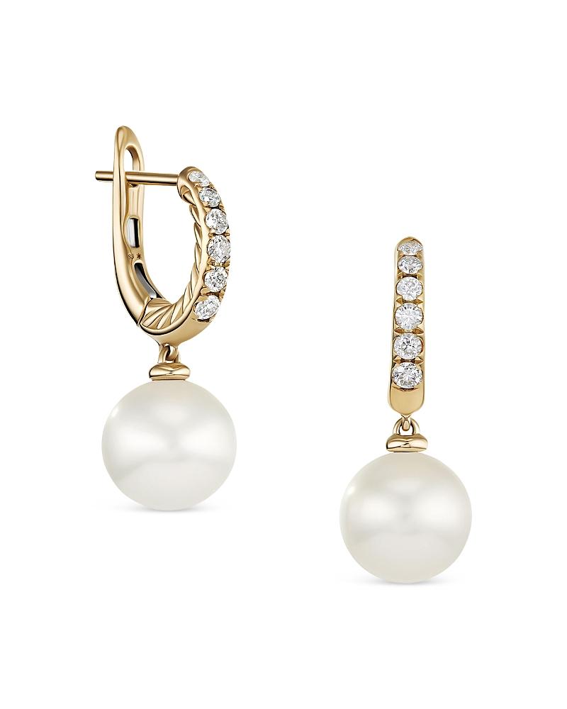 Womens Pearl and Pav Drop Earrings in 18K Yellow Gold with Pearls and Diamonds, 15.6mm Product Image