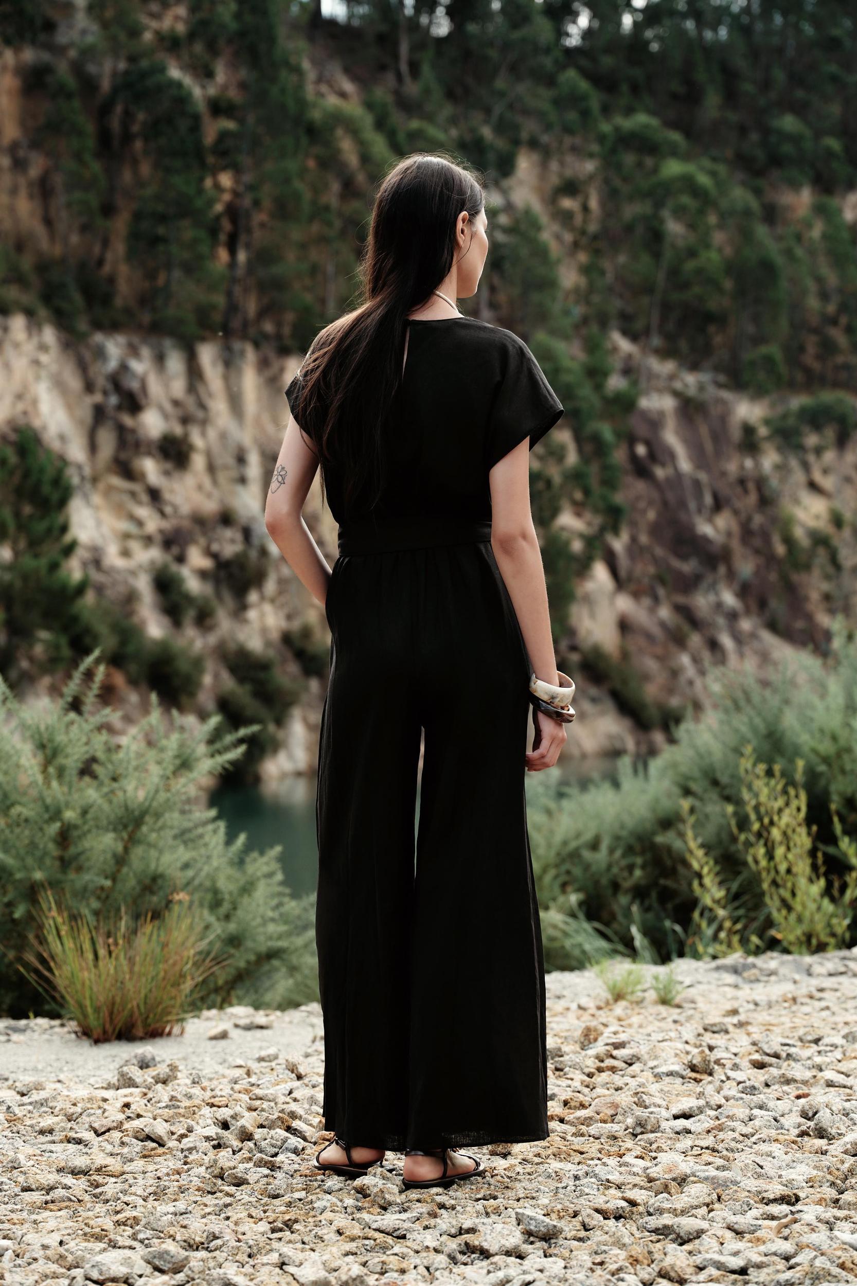 LINEN BELTED LONG JUMPSUIT Product Image