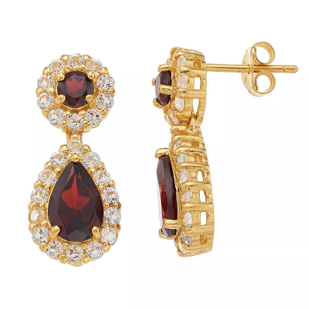 14k Gold Over Silver Garnet & White Topaz Teardrop Halo Earrings, Women's Product Image