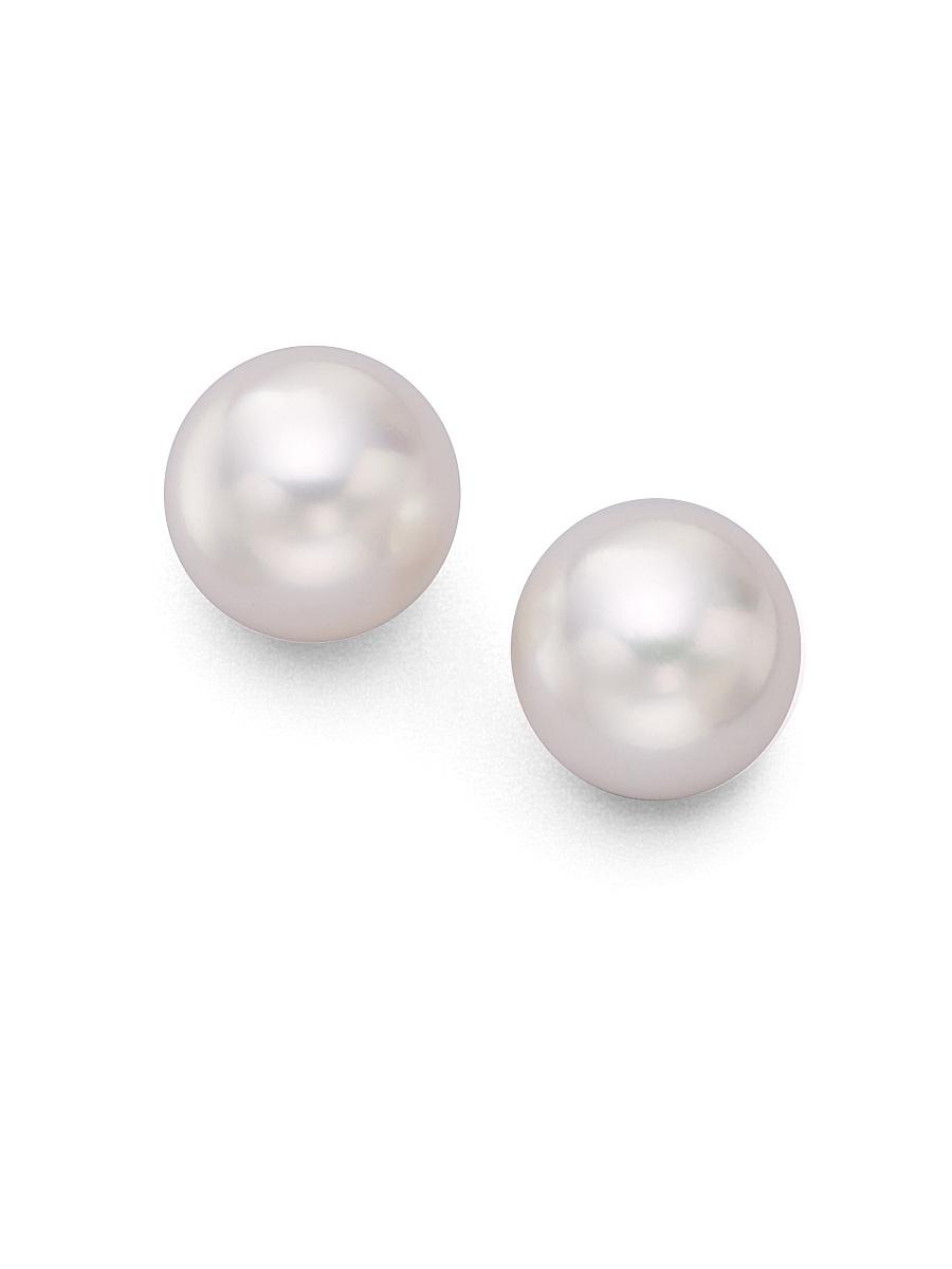 Womens 7.5MM White Cultured Akoya Pearl & 18K White Gold Stud Earrings Product Image