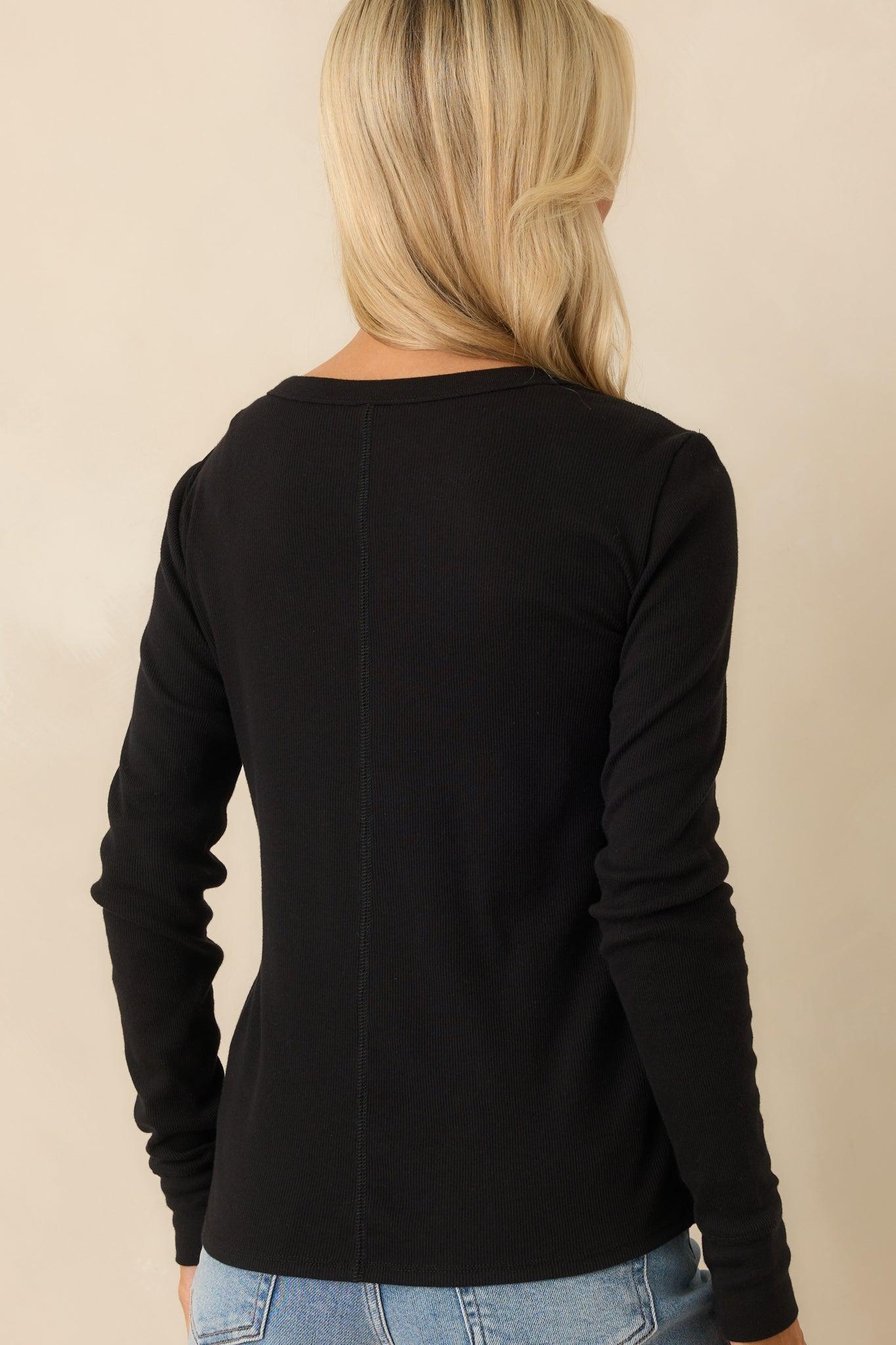 Everyday Envy Black Ribbed Cotton Long Sleeve Henley Tee L / Black Product Image