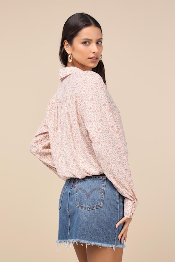 Convincingly Darling Ivory Floral Collared Long Sleeve Top Product Image