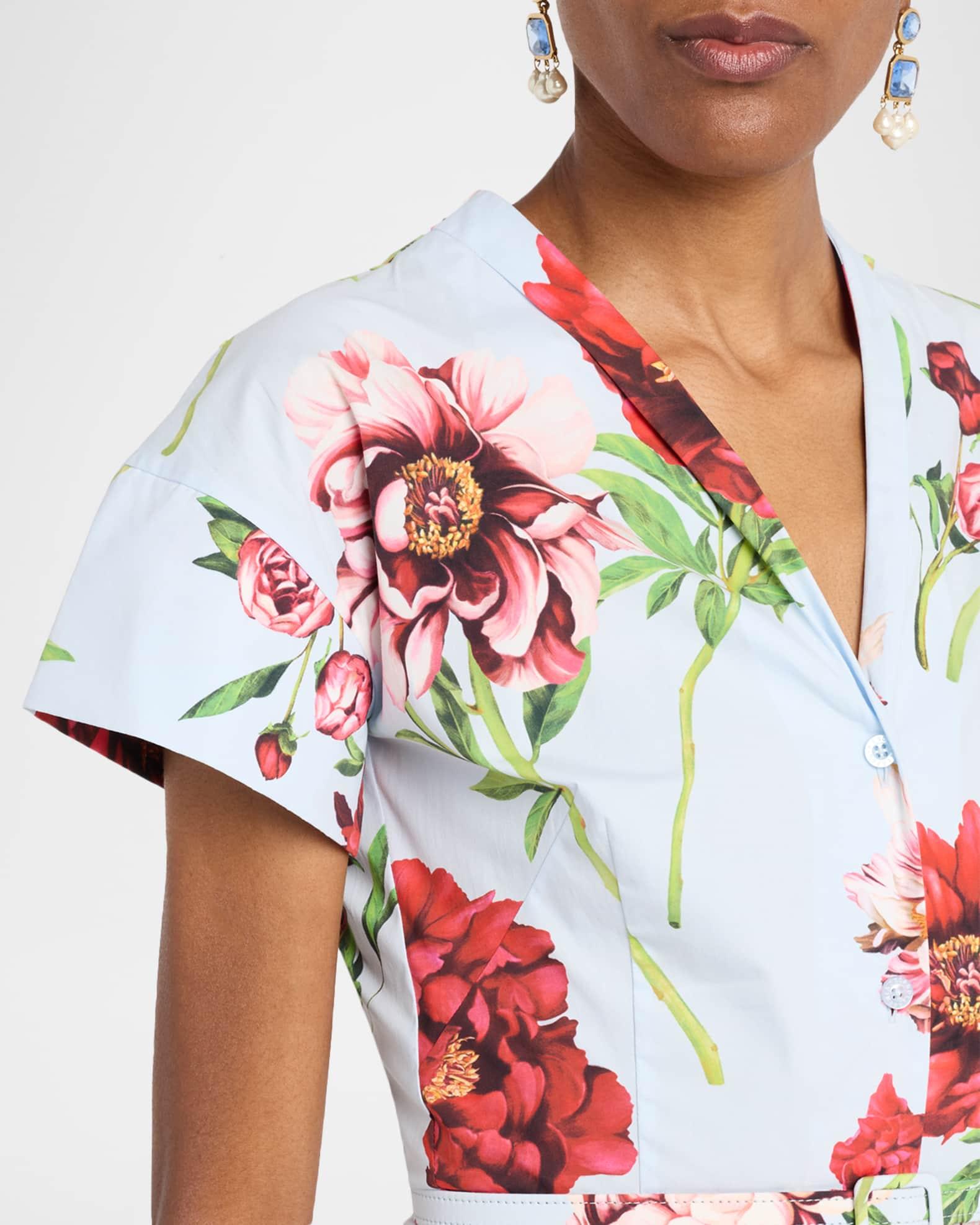 Short-Sleeve Peony-Printed Tea-Length Dress Product Image