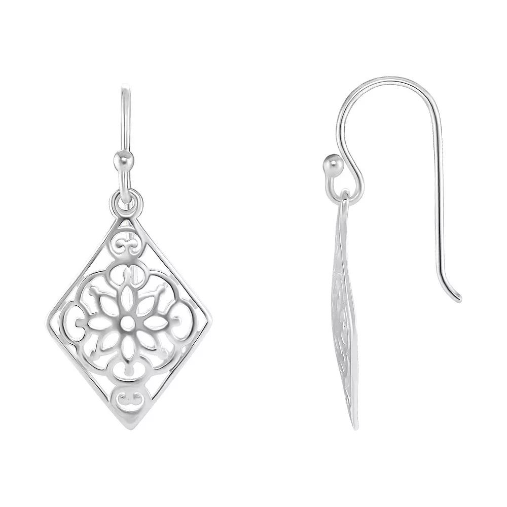 PRIMROSE Sterling Silver Polished Flower Filigree Diamond Shape Drop Earrings, Women's, Silver Tone Product Image