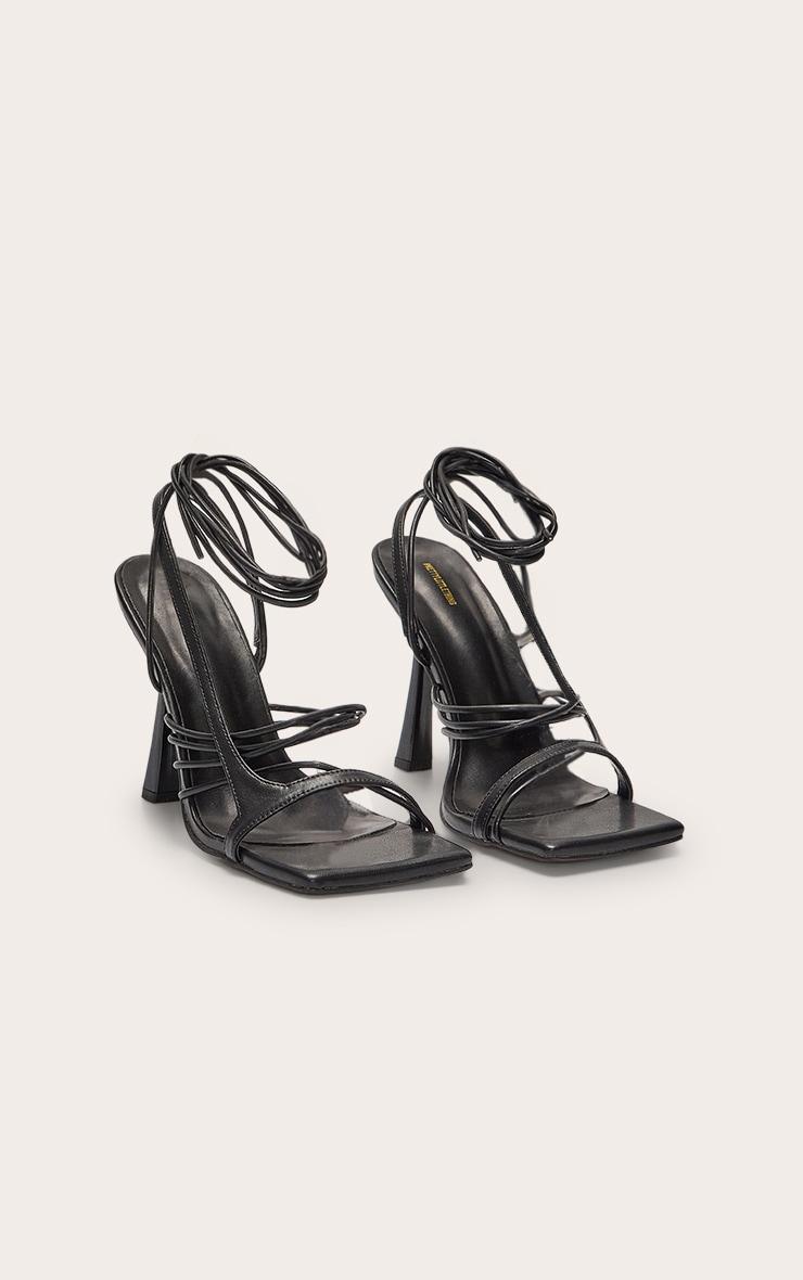 Black Pu Square Toe Asymmetric Strappy Lace Up High Heel Sandals Product Image